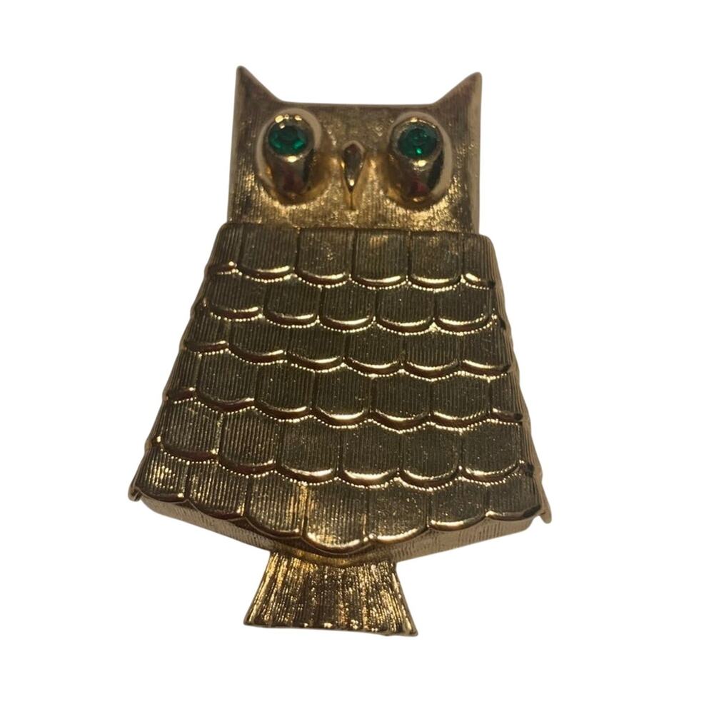 Vintage 1960s Avon Owl Green Eyes Solid Perfume Holder Brooch Pin